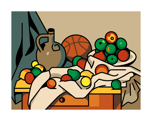 Curtain, Jug, Fruit and Basketball Art Print 16x20