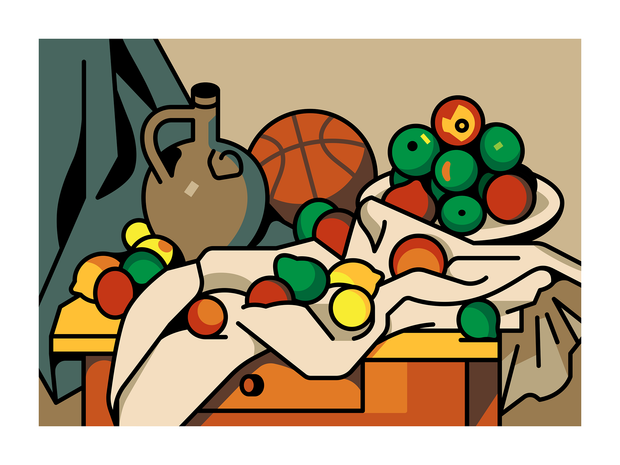 Curtain, Jug, Fruit and Basketball Art Print 18x24